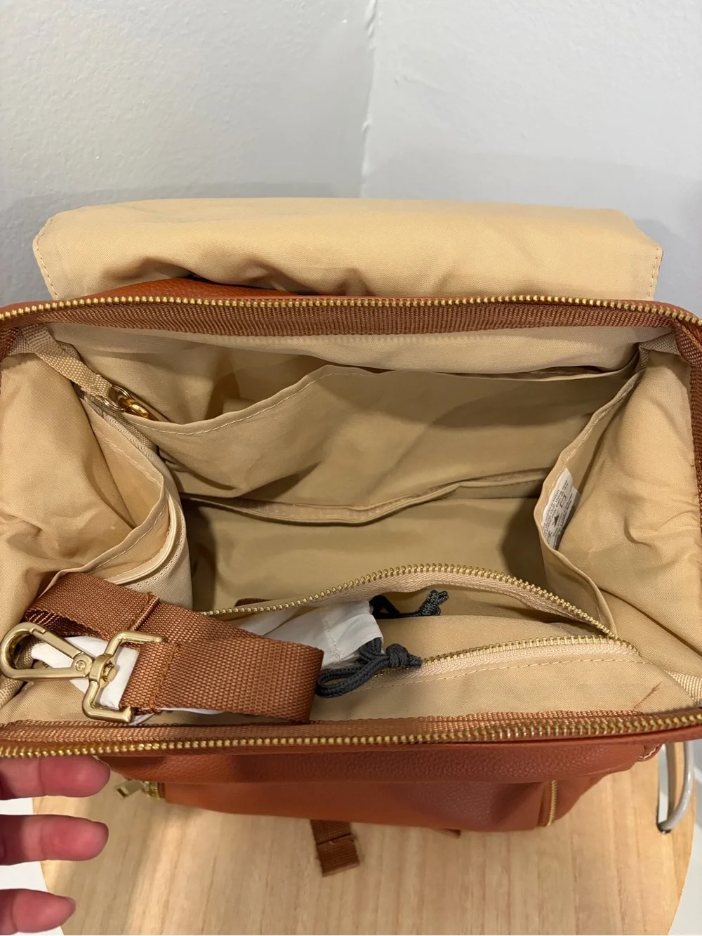 Tan Leather Backpack with Gold Accents - Brand: Unknown